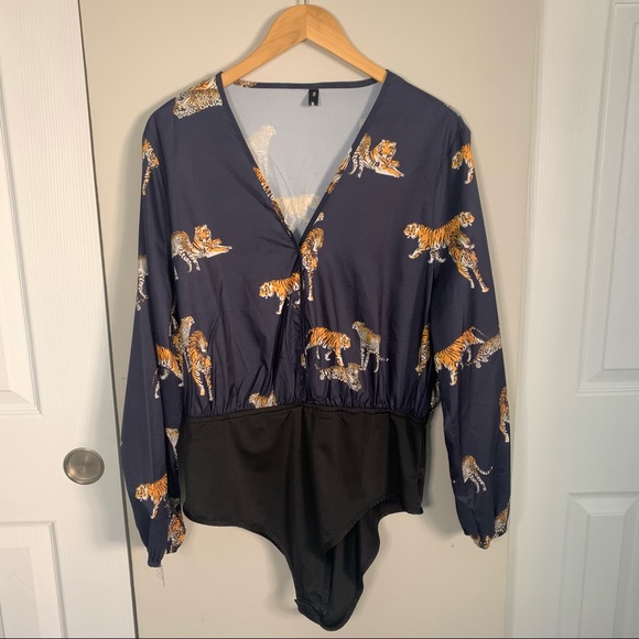 SHEIN V-Neck Tiger Print Navy Bodysuit - Picture 2 of 6